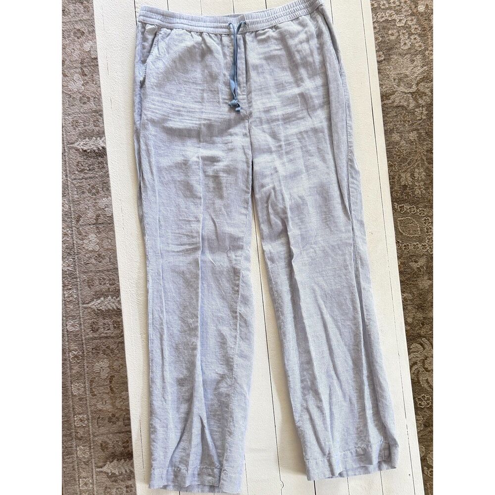 Talbots Striped Linen/Cotton Elastic Waist Drawstring Pants Blue/White Size M